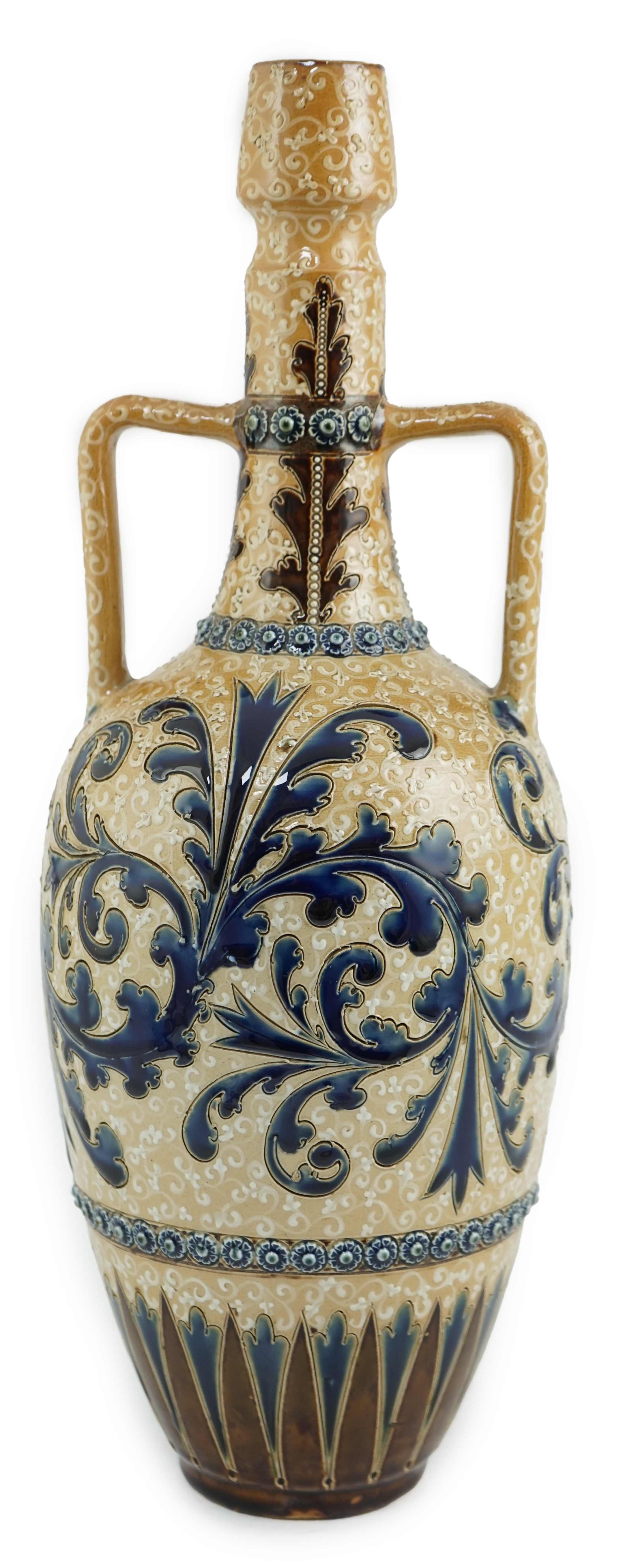 George Tinworth for Doulton Lambeth, a large stoneware vase, with scrolling blue foliate decoration, monogrammed and dated 1884, 40cm high. Condition - good